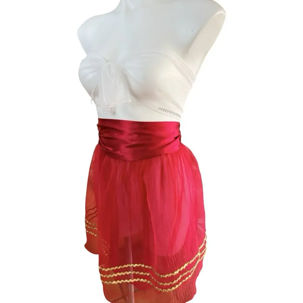 Vintage Red Sheer Chiffon Apron Gold Rickrack Trim Satin Bow